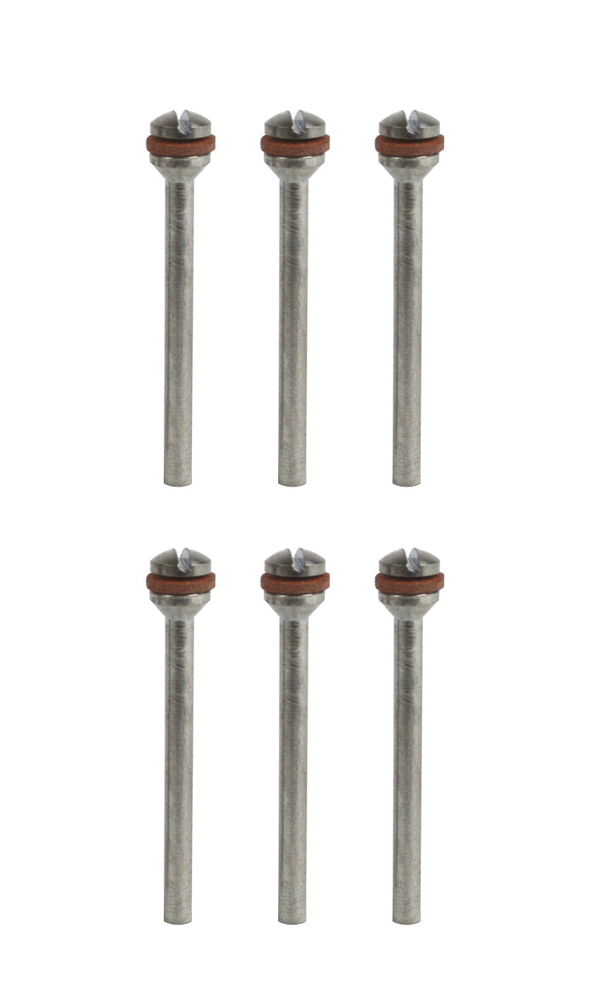 Set of 6 stainless steel polishing mandrels with reinforced screws and 3/32" shanks for precision abrasive work