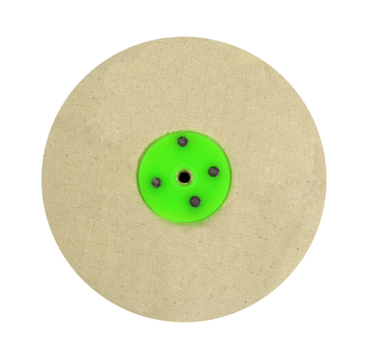 Unbleached calico polishing buff with green plastic center, 6 inch diameter, 50 folds for jewelry and metal polishing