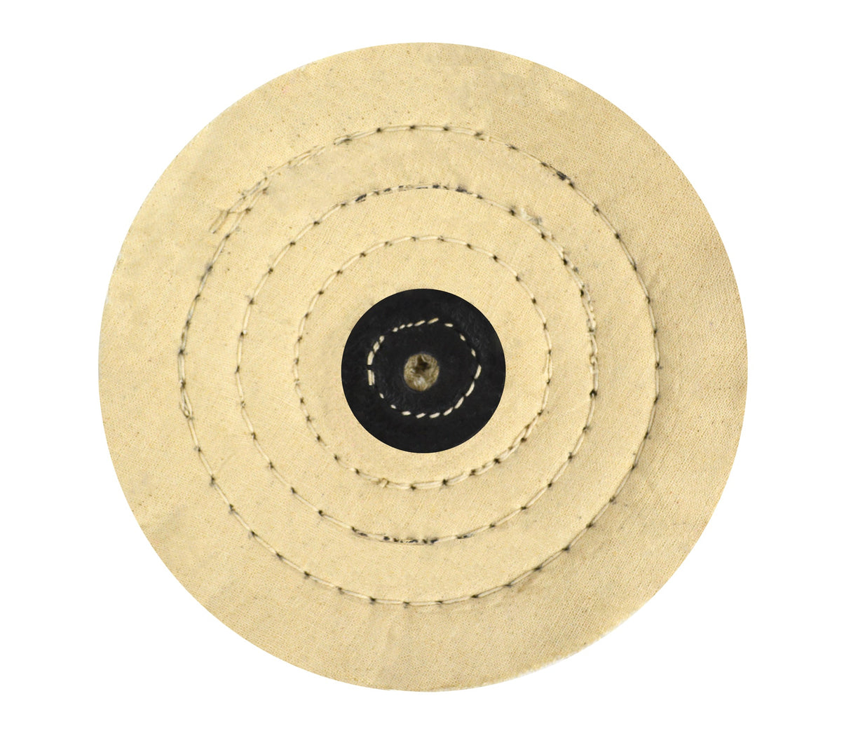 Unbleached stitched calico buff with leather center and four rows of stitching for jewelry polishing