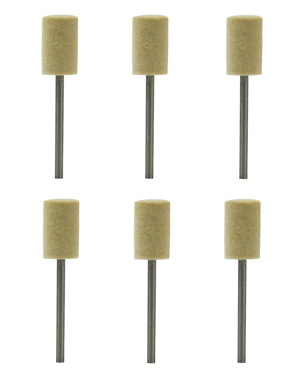 Set of six cylinder-shaped mounted felt buffs with 3/32" shanks for polishing metal and jewelry