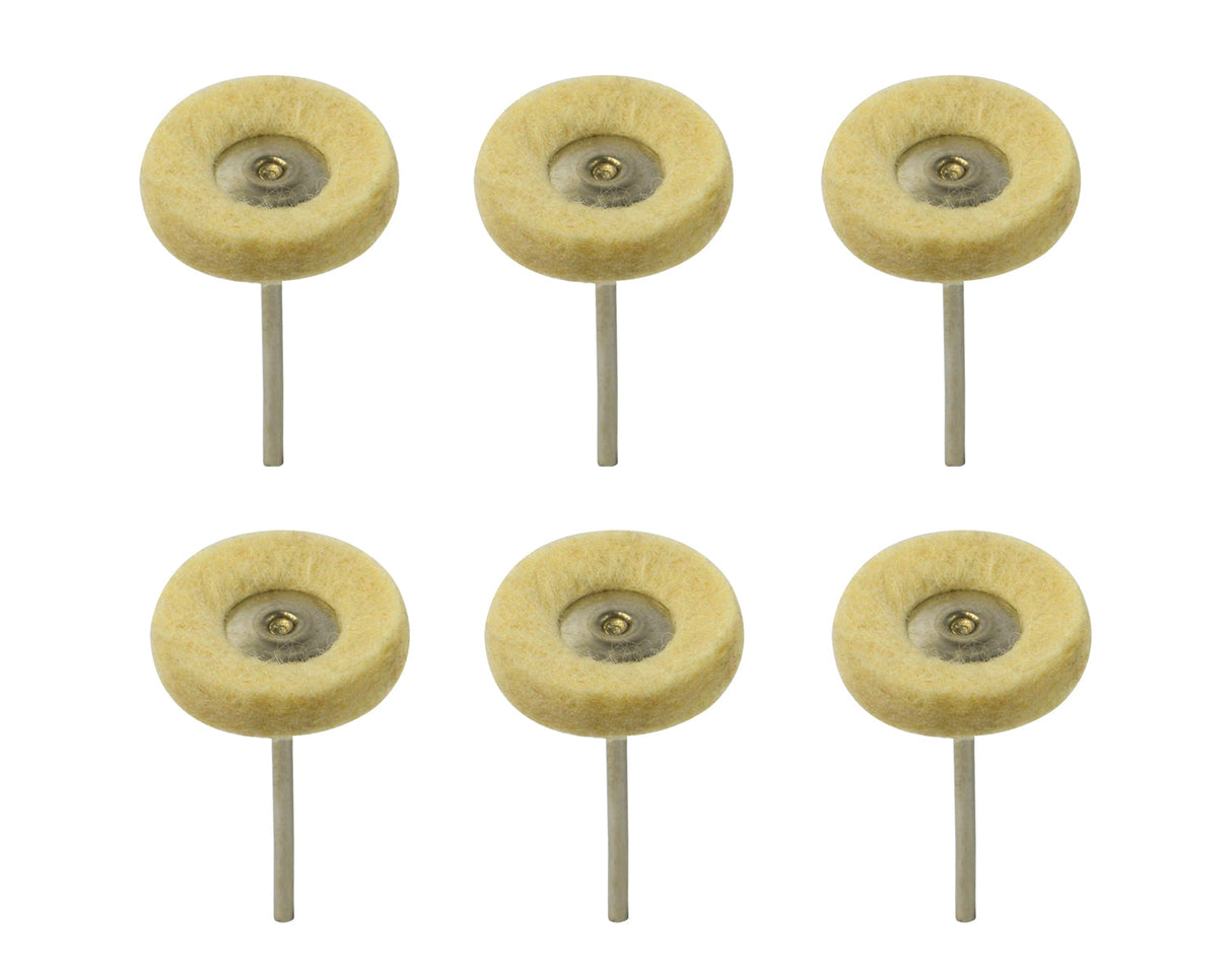 Set of 6 soft cotton 1-inch mounted buffs on 3/32-inch mandrels for delicate jewelry polishing