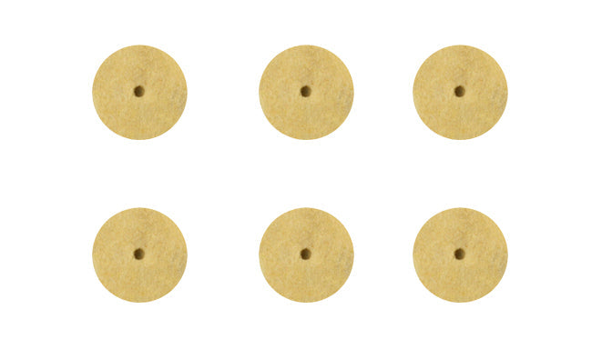 Set of six 1/2 inch felt polishing discs for rotary tools, ideal for jewelry and metal polishing.