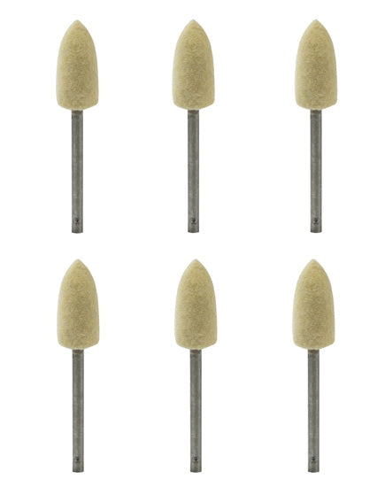 Set of 6 size 6 mounted felt buffs with 3/32" mandrels for precision metal polishing and deburring