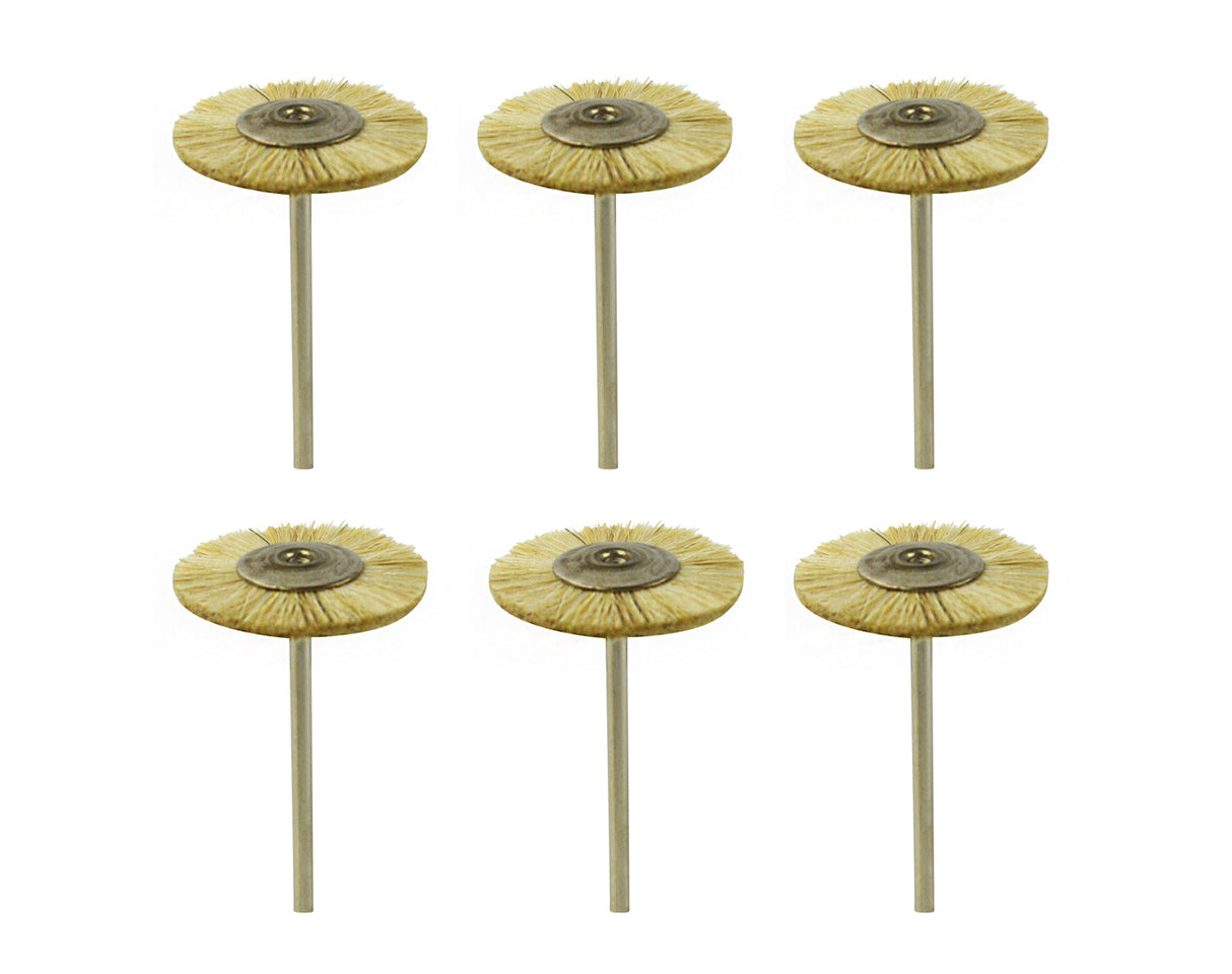 Set of 6 1-inch white hair brushes with 3/32-inch shank for polishing and finishing surfaces