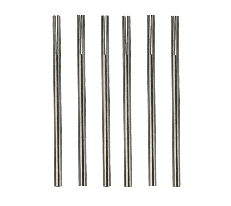 Set of 6 polishing mandrels with emery paper slots and 3/32" shanks for sanding and polishing.