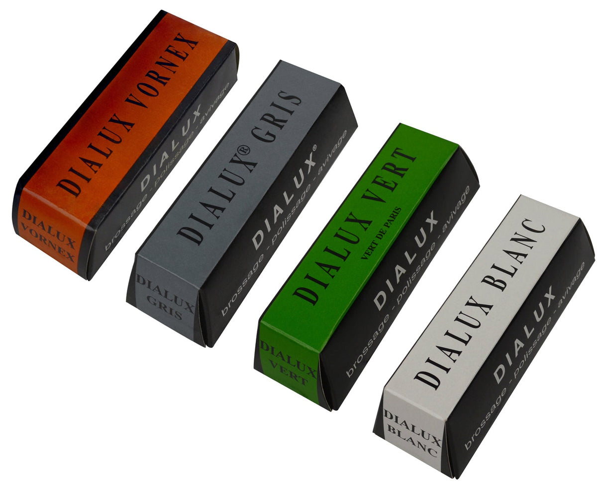 4 Pack 4 oz Dialux Polishing Compound Set in orange, green, gray, and white bars for professional finishing