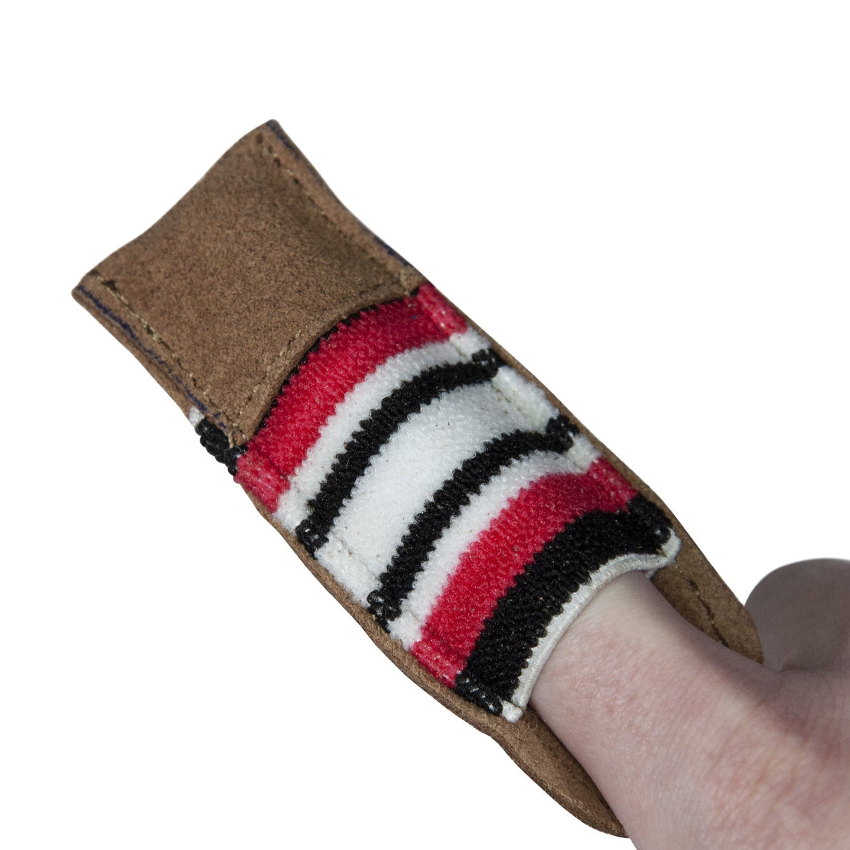 Leather finger guard with closed end and elastic strap for fingertip protection during polishing work