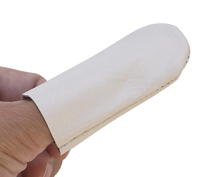 Leather thumb guard on finger for polishing protection made of durable pliable leather