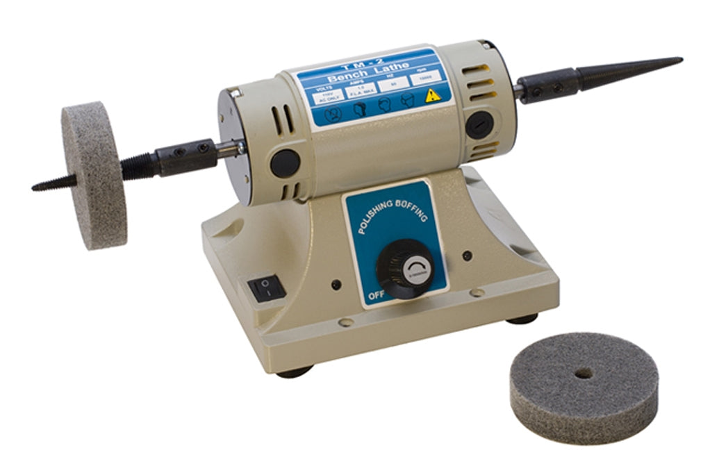 Compact beige 110V benchtop polisher with polishing wheel and adjustable speed control knob