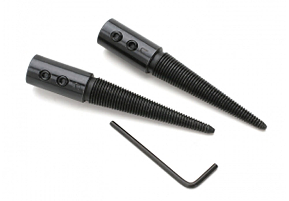 Pack of 2 black tapered spindles with hex key, compatible with POL-260.00 benchtop polisher for precise sanding and finishing