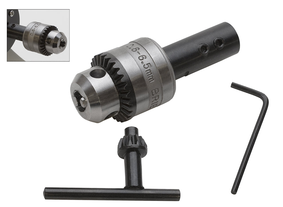 Drill chuck for benchtop polisher with 6.5mm shank capacity, chuck key, and wrench for secure bit holding and clockwise drilling.