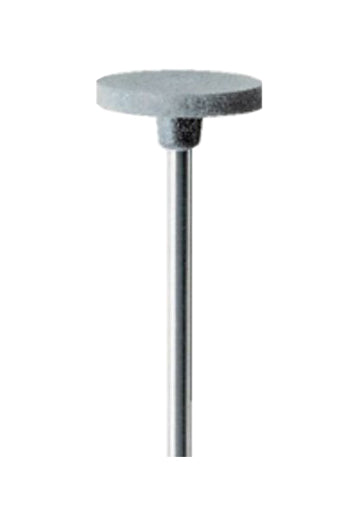 Medium grit platinum polisher wheel mounted on a metal shaft for precision smoothing and edge blending in metalwork