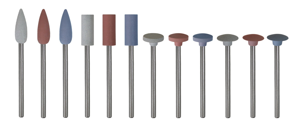 12 Pieces of assorted silicone polishers in cone and barrel shapes with multiple grits for versatile polishing tasks