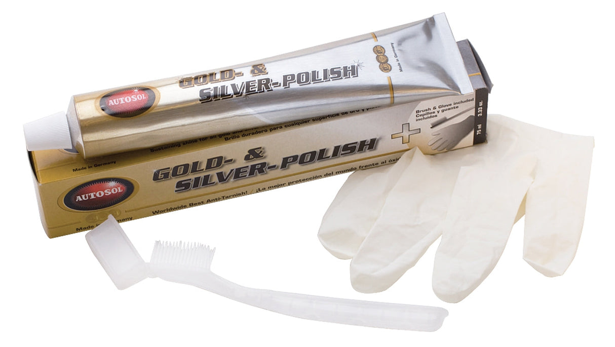 Tube of Gold and Silver Polishing Cream with protective glove and small brush for metal polishing
