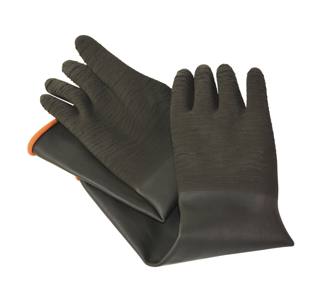18-inch waterproof black rubber gloves with textured palms for secure grip in wet or oily conditions and extended coverage for wrist and forearm protection