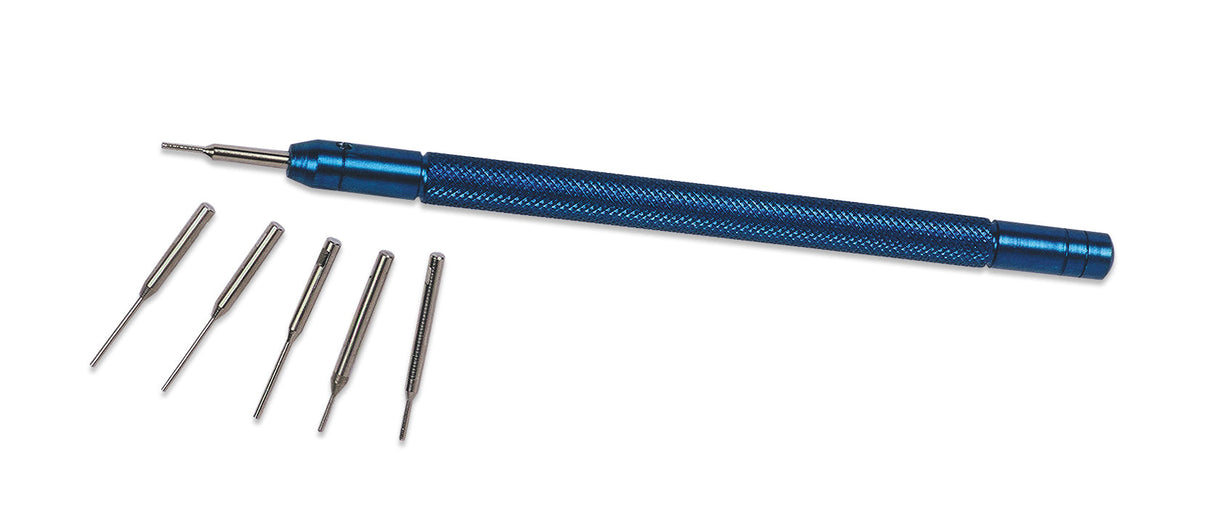Blue aluminum pin removal tool with six interchangeable stainless steel tips in various sizes