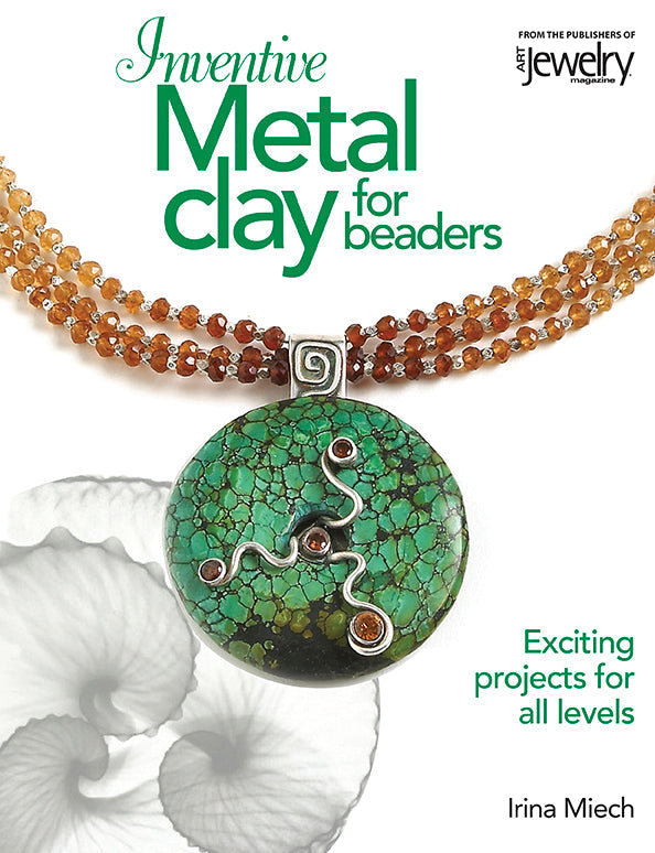 Inventive Metal Clay for Beaders book cover featuring green stone pendant with beaded necklace and floral design background