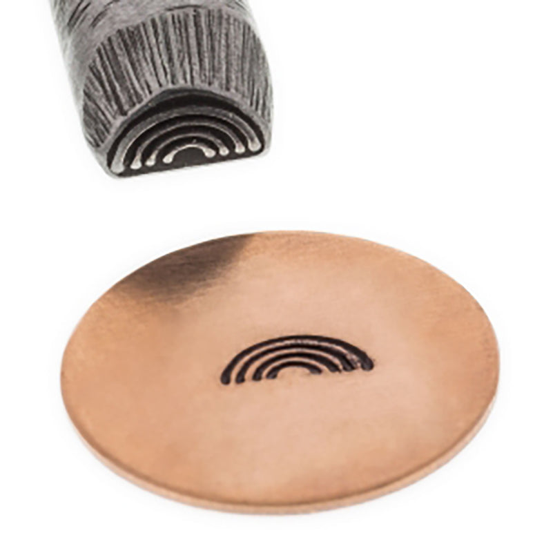 Circled Arch Traditional T-1 steel stamp with round shank and metal impression on copper disk