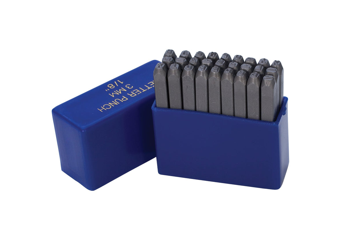 27 piece punch letter stamp set with 1/8" tempered steel stamps in blue plastic case