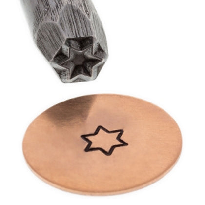 Hexagonal Star Outline Stamp tool creating geometric star imprint on metal surface