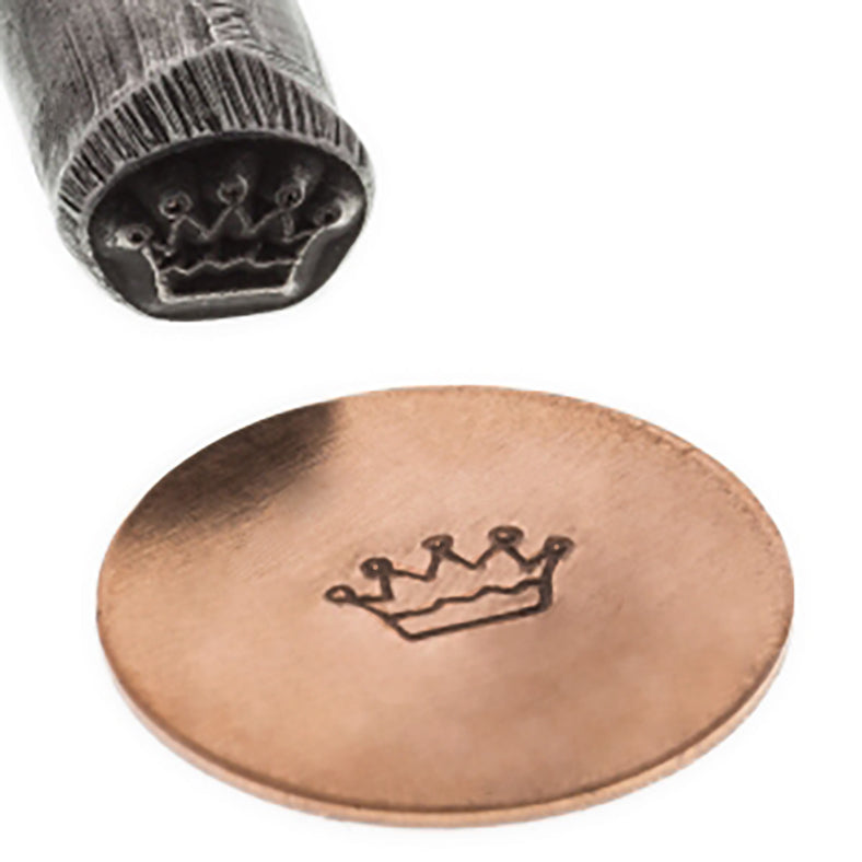 Crown B-4 Border Stamp engraving a crown design on a metal disc for jewelry making and metalworking.