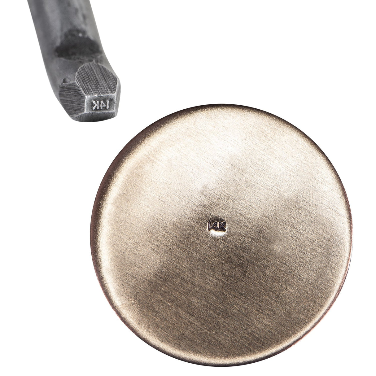 14K 1 MM straight stamp tool with heat-treated steel head making clear 14K marks on metal surface