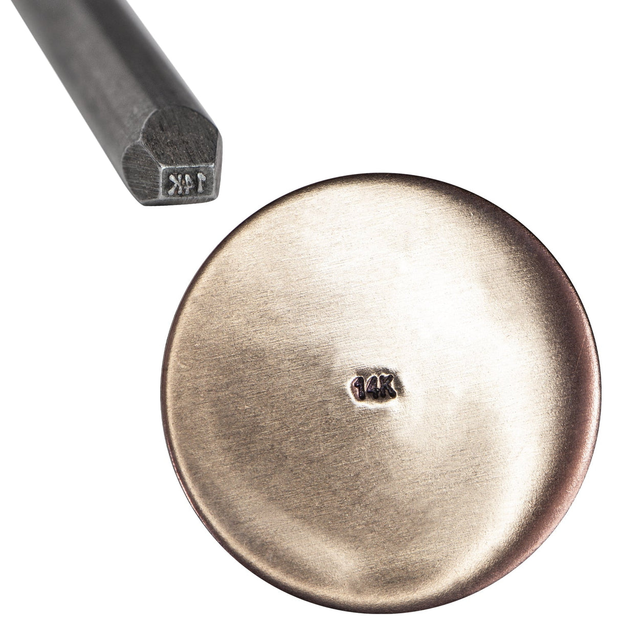 14K 3/4 MM bent stamp tool with "14K" imprint on metal surface for jewelry marking