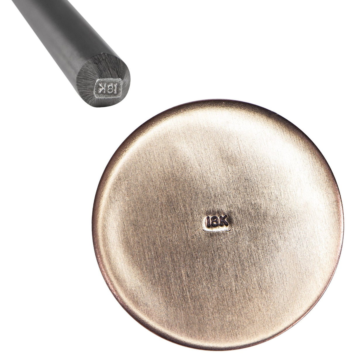 18K 1 MM Straight Stamp tool with clear jewelry metal impression on round metal piece