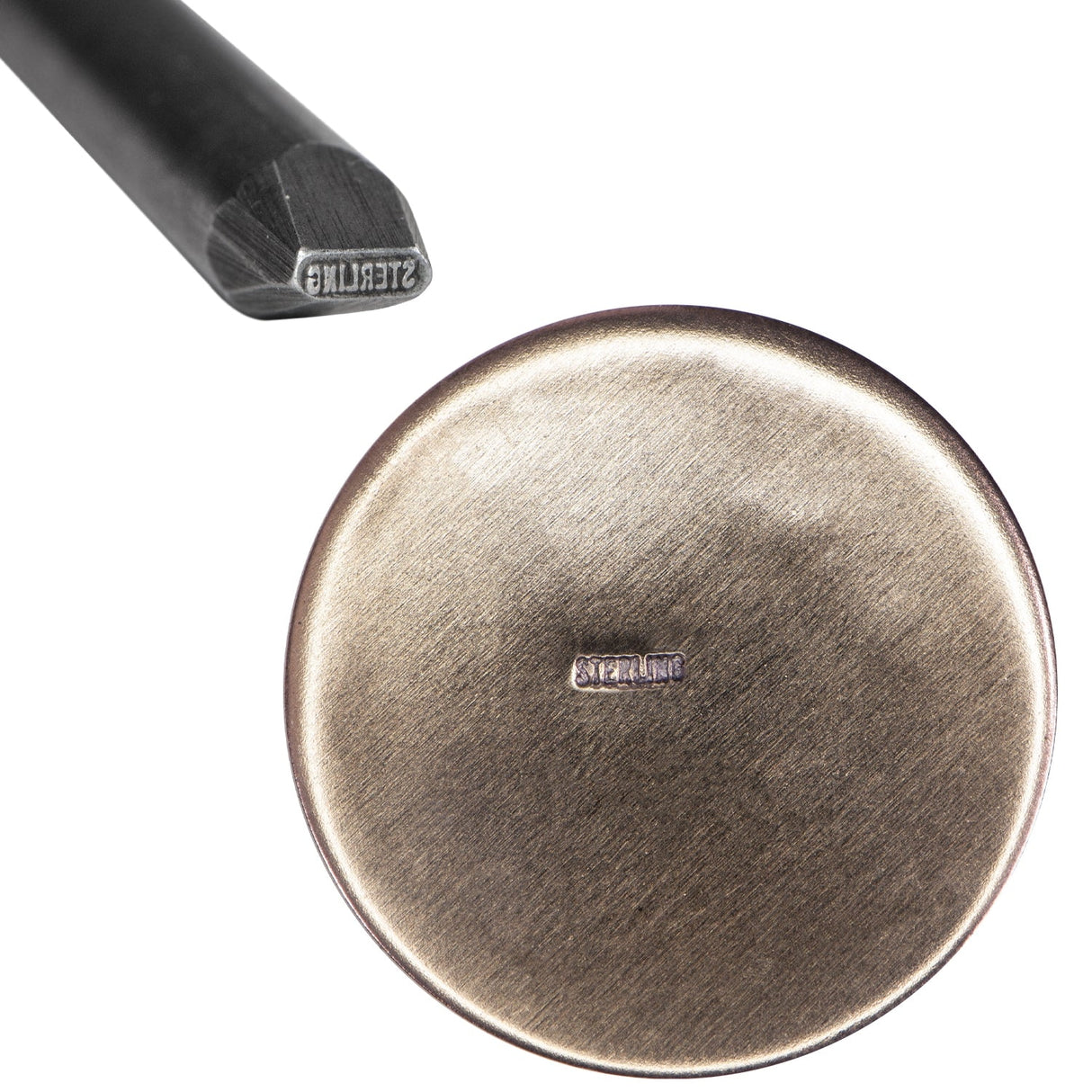 STERLING 3/4 MM Straight Stamp tool with clear STERLING imprint on metal surface