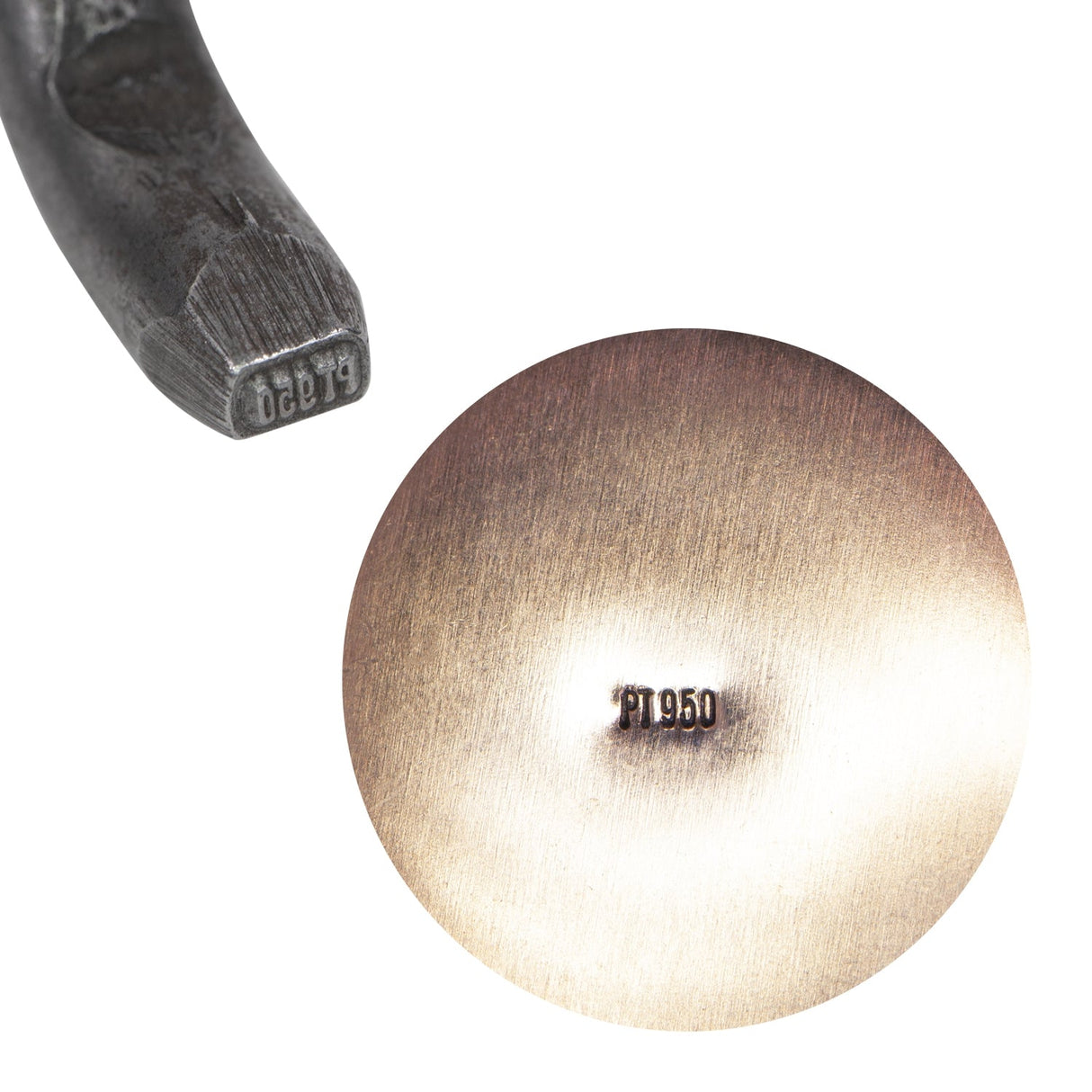 PT-950 1 MM Bent Stamp tool with heat-treated steel shank and clear imprint on metal surface