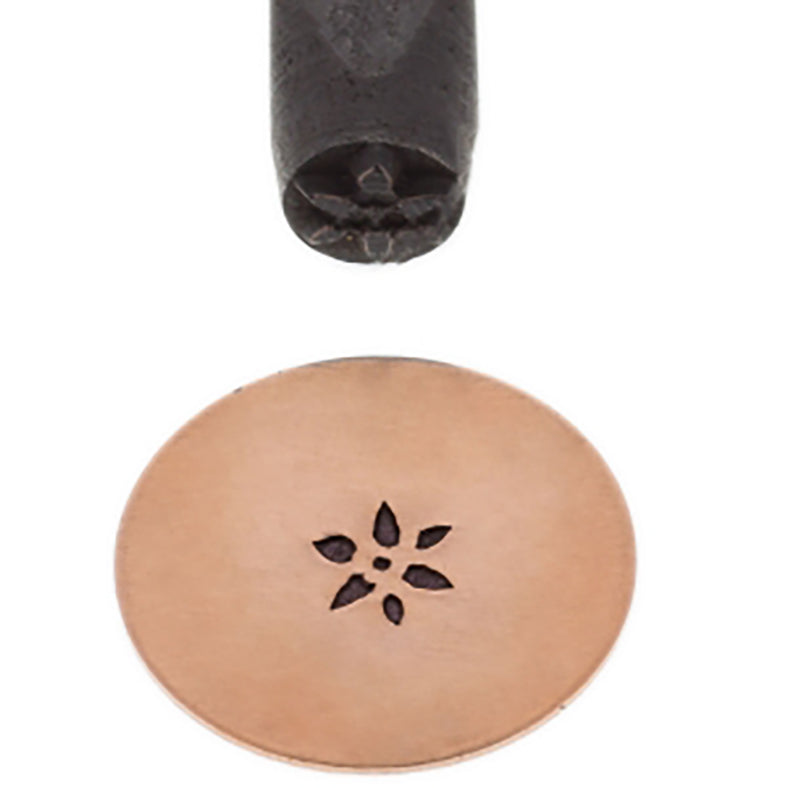5 MM Solid S-Flower 3 Elite Design Stamp with black carbon steel and flower motif imprint on metal surface