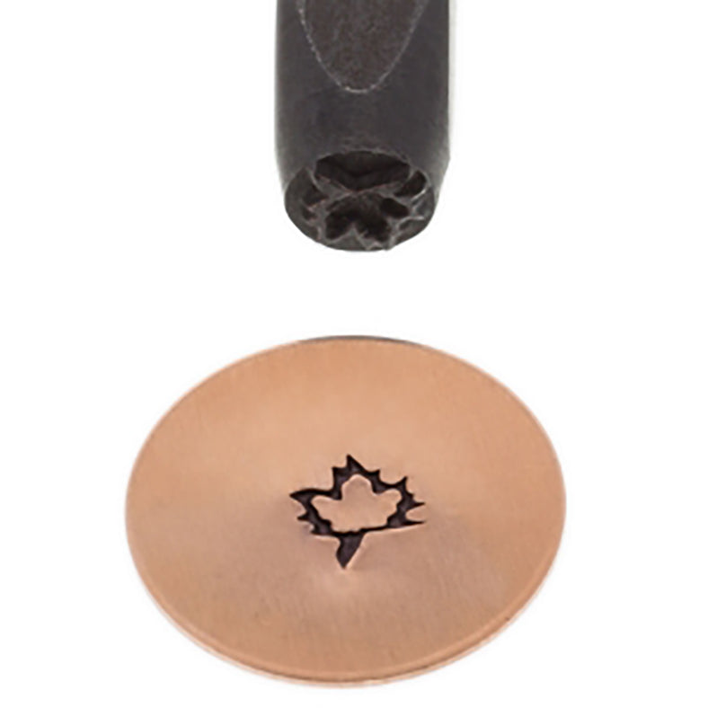 5 mm maple leaf elite design stamp on metal surface with black-coated carbon steel tool for crafting and engraving