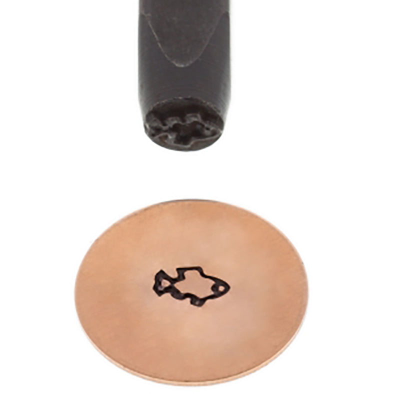 5 mm Fish Elite Design Stamp made of black-coated carbon hardened steel with laser-engraved fish pattern and knurled grip for precise stamping