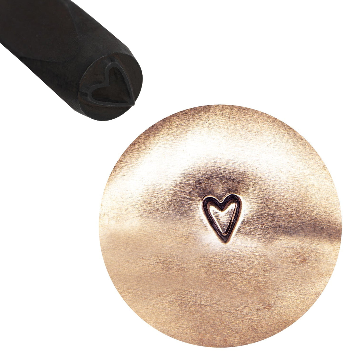 5 mm narrow heart design stamp with black-coated carbon steel tool and engraved heart impression on metal surface