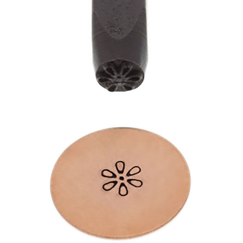 5 mm Flower 2 Elite Design Stamp with black-coated carbon steel and ergonomic grip creating precise flower impressions on leather