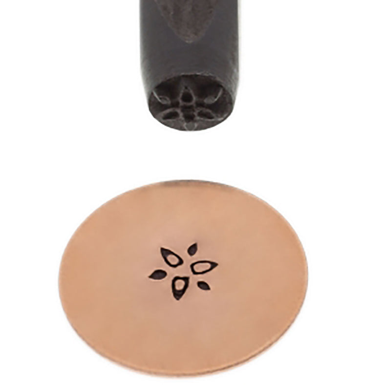 5 MM Flower 3 Elite Design Stamp with laser-engraved flower pattern on black-coated steel tool and imprinted on leather surface