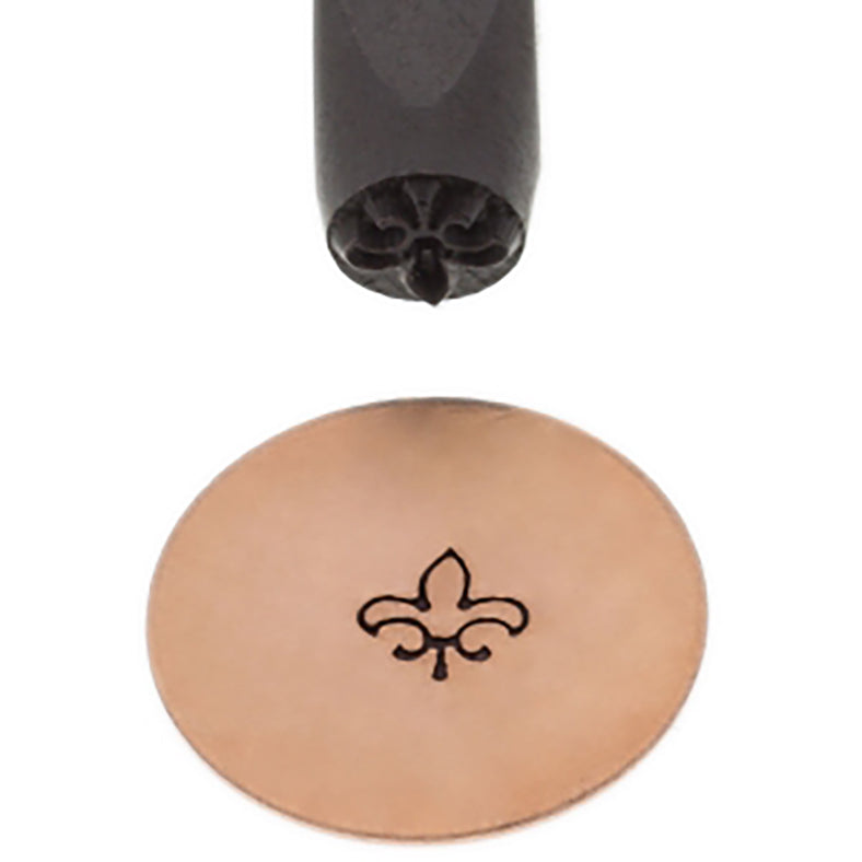 5 mm Fleur De Lis outlined design stamp with black-coated carbon steel shaft and engraved impression on leather