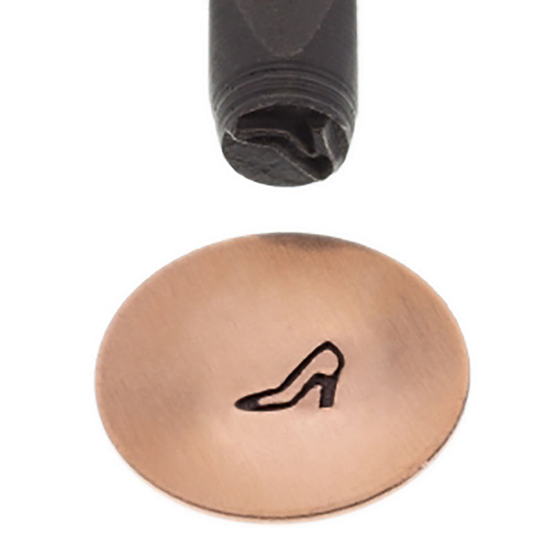 5 MM high heel shoe design stamp on metal with black-coated steel tool and ergonomic grip
