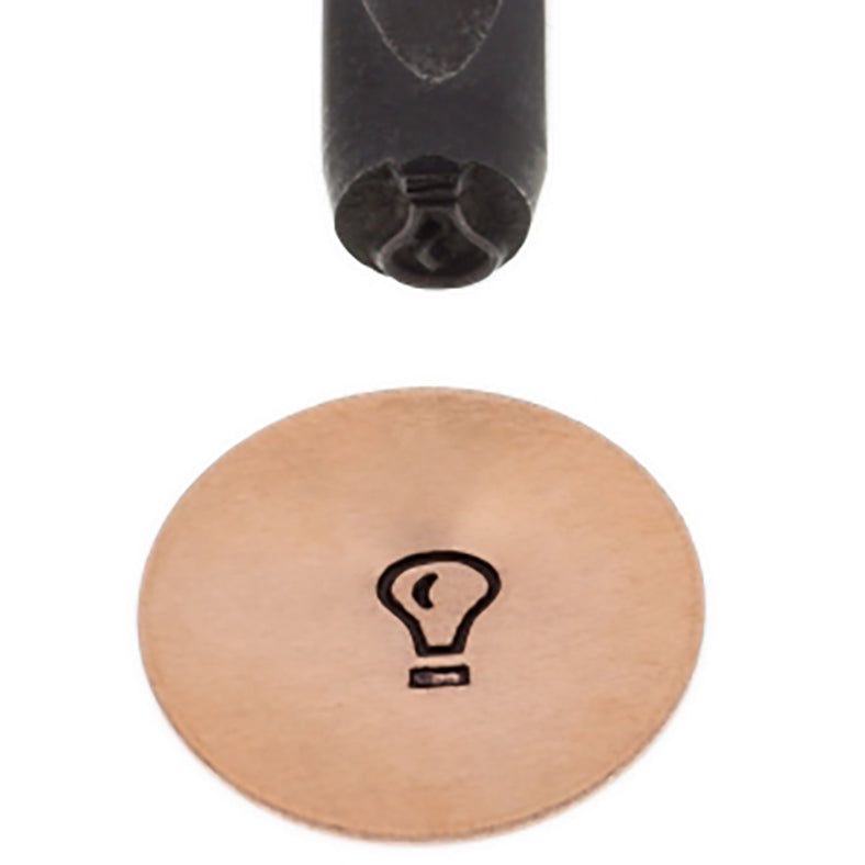 5 MM Lightbulb Stamp showing engraved lightbulb icon on metal surface with black-coated carbon steel tool and ergonomic grip