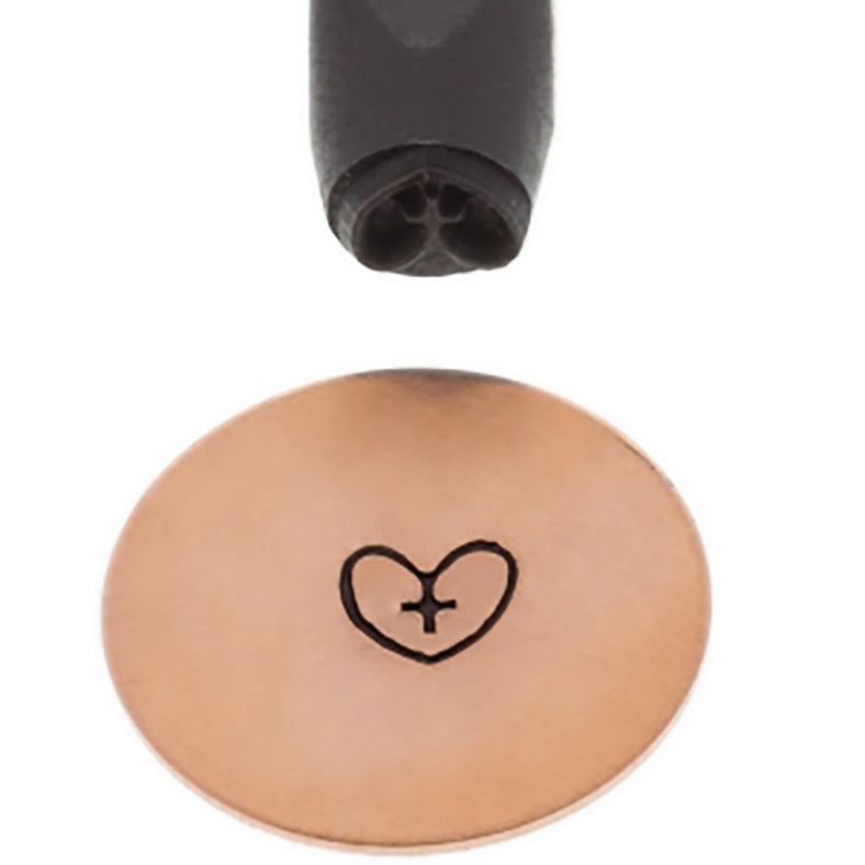 5 MM Heart with Cross black-coated steel design stamp with ergonomic grip on metal surface