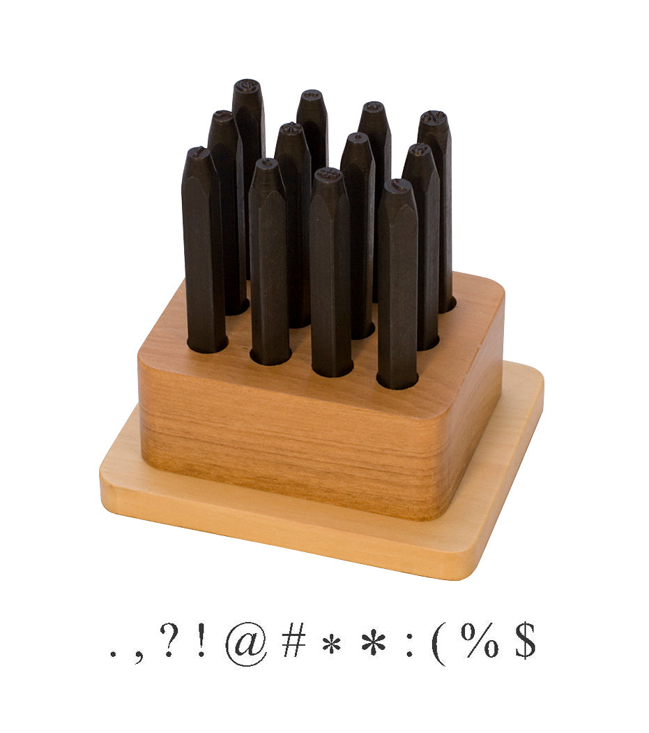 12-piece punctuation stamp set with wooden stand and hardened steel tips for crisp impressions