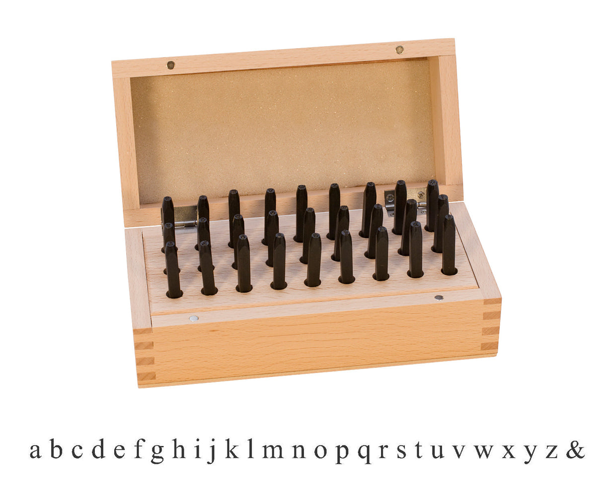 27 Piece Lower Case Block Letter Set 1/8 inch steel stamps in wooden box for crafting and stamping