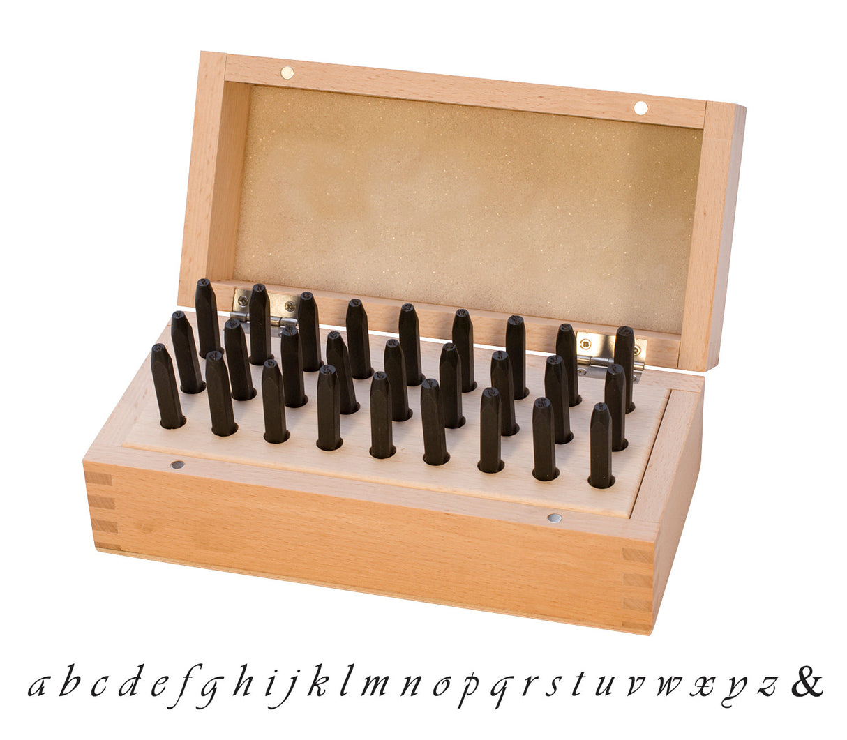 27-piece lowercase script letter stamp set in wooden box with black stamps for crafts and scrapbooking