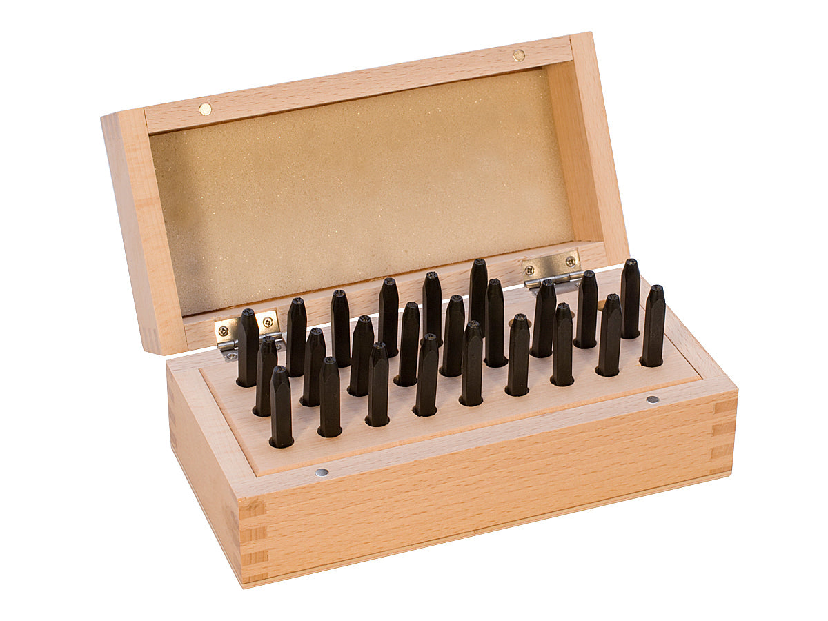 2.5 mm Greek Alphabet Stamp Set with durable metal stamps in wooden storage box for precise lettering and crafting.