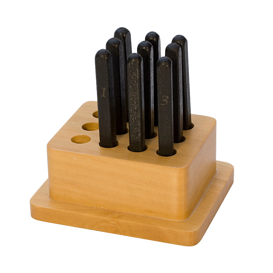 9-piece 2.5 mm Lucida number set with hardened steel stamps and wooden stand for precise labeling