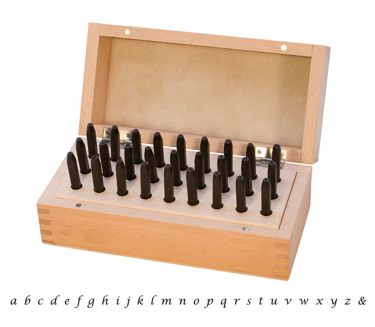 27 Piece Lower Case Fancy Lucida Stamp Set with wooden storage box and 2.5mm characters for calligraphy and crafting