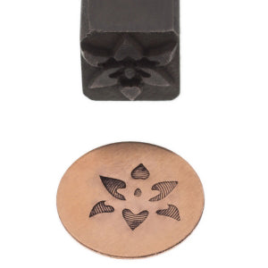 10 MM Fancy Flower Elite Jumbo Stamp with knurled steel shaft and flower design impression on metal surface