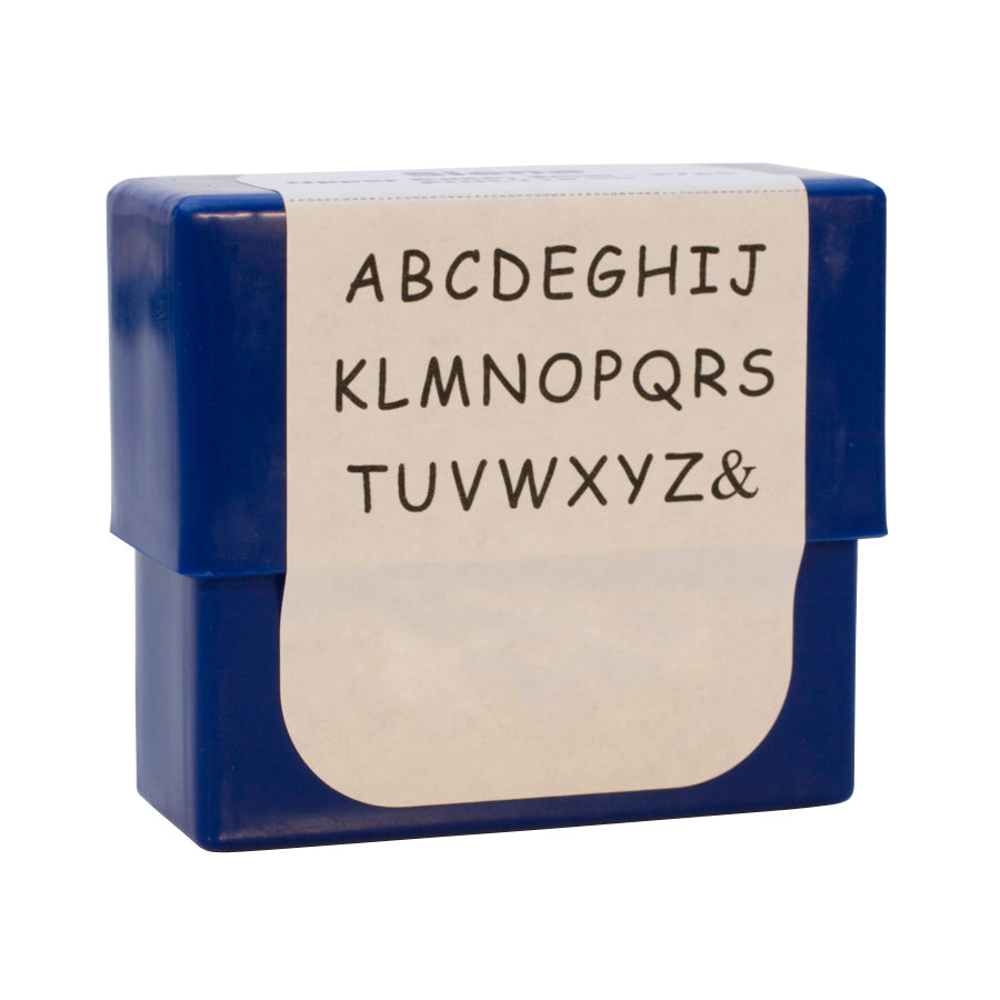 Siena Alphabet Stamp Set with 3mm uppercase letters in a compact blue case for crafting monograms and labels