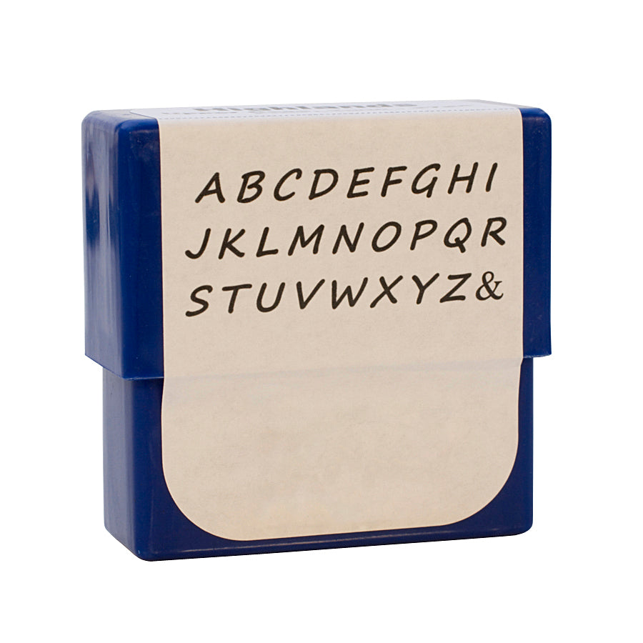 Highlands Alphabet Stamp Set 2mm uppercase metal letters and ampersand in blue case