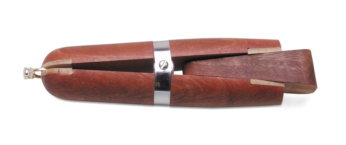 6-inch mahogany ring clamp with metal pivot and leather-lined jaws for jewelry work